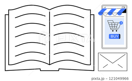 Open book with lines representing text, a smartphone with a shopping cart and buy button, and an envelope icon. Ideal for online shopping, e-books, digital marketing, e-commerce, online learning 121049966