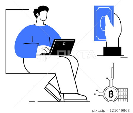 Person seated while using a laptop, with symbols of cryptocurrency Bitcoin and a hand holding a dollar bill. Ideal for technology, finance, digital currency, online transactions, and remote work 121049968