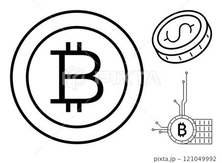 Black and white illustration of Bitcoin and dollar symbols on coins with circuit lines Ideal for blockchain technology, cryptocurrency, digital transactions, financial technology, and modern finance 121049992