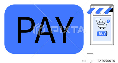 Large blue pay button next to a smartphone with a shopping cart and buy button. Ideal for online shopping, e-commerce, digital payments, mobile commerce, and user interface design. Simple modern 121050010