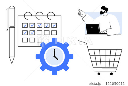 Pen beside a checkmarked calendar, gear with clock, person on laptop pointing, and shopping cart. Ideal for productivity, time management, scheduling, e-commerce, and business planning. Modern Pen beside a checkmarked calendar, gear with clock, person on laptop pointing, and shopping cart. Ideal for productivity, time management, scheduling, e-commerce, and business planning. Modern 121050011
