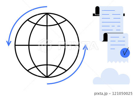 A globe with arrows signifying data exchange and a document with a checkmark symbolizing verification. Ideal for digital transformation, global communication, documentation, data management A globe with arrows signifying data exchange and a document with a checkmark symbolizing verification. Ideal for digital transformation, global communication, documentation, data management 121050025