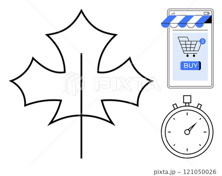 Large outline of a leaf, a smartphone with a blue striped cover showing an online shopping cart and buy button, and a stopwatch. Ideal for online shopping, e-commerce, time management, digital 121050026