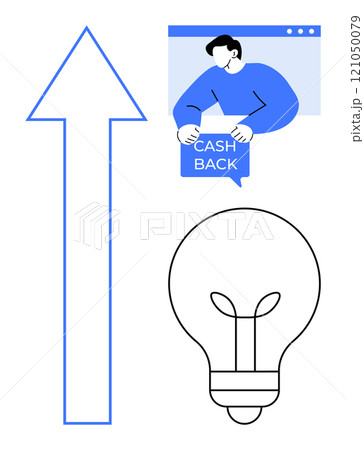 Man in blue holding cash back sign, large upward arrow suggesting growth, and light bulb symbolizing ideas. Ideal for business, finance, innovation, marketing, and rewards. Simple vector style Man in blue holding cash back sign, large upward arrow suggesting growth, and light bulb symbolizing ideas. Ideal for business, finance, innovation, marketing, and rewards. Simple vector style 121050079