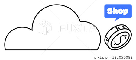 Cloud shape with coin and shop text in speech bubble appears in minimalistic style. Ideal for e-commerce, online shopping, cloud computing, digital marketing, and financial applications 121050082
