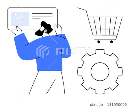 Man holding a digital card with two icons a shopping cart and a gear. Ideal for e-commerce, technology, online shopping, digital marketing, and user management themes. Clean minimal style 121050096
