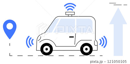 Autonomous car with wireless signals and GPS marker. Ideal for self-driving technology smart transportation future mobility innovations automotive advancements and GPS navigation systems 121050105