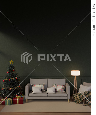 A warm, modern living room during the Christmas holiday, featuring a sofa in the center and decor. 121050125