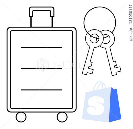 Suitcase and keys outlined in black with blue and white shopping bag Ideal, for travel preparation security shopping hotel stays vacation style minimalist vector drawing 121050137