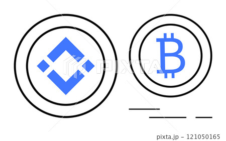 Two blue circular digital currency symbols inside black outlines highlight crypto and Bitcoin logos. Ideal for cryptocurrency trading, financial technology, investment, blockchain, and digital assets Two blue circular digital currency symbols inside black outlines highlight crypto and Bitcoin logos. Ideal for cryptocurrency trading, financial technology, investment, blockchain, and digital assets 121050165