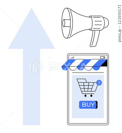 Smartphone displaying an online shopping cart with a buy button and notification, a loudspeaker and an upward arrow symbolize growth. Ideal for e-commerce, digital marketing, online shopping, retail 121050171
