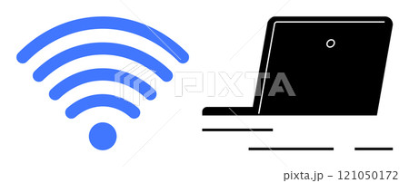 Blue wireless signal symbol next to a black laptop. Ideal for technology, internet, remote work, connectivity, and communication themes. Minimalist, modern, clean 121050172