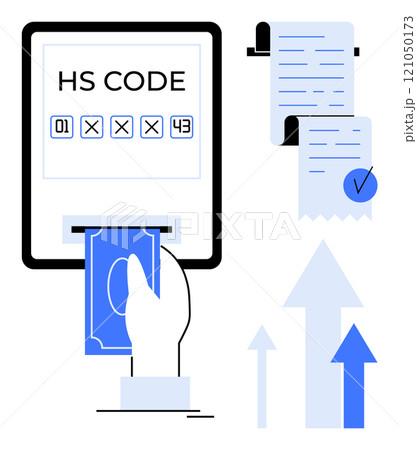 Hand inserting currency into a machine showing HS code and receipt. Ideal for trade, transaction, finance, automation, and logistics. Flat design style 121050173