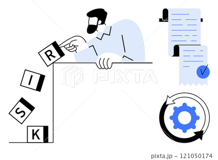 Man stops a stack of blocks labeled risk from falling. Near him, a document with a checkmark and a gear symbol inside a cycle arrow. Ideal for risk management, compliance, business strategy, process 121050174