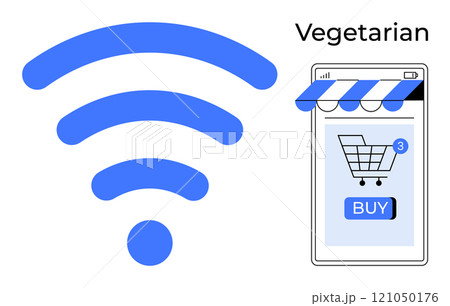 Large wireless symbol beside a smartphone screen displaying an online shopping cart with three items and a buy button under a striped awning. Ideal for online shopping technology convenience 121050176