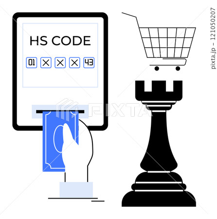 A hand inserts cash into a machine displaying HS codes with a cart atop a chess rook on the right. Ideal for customs, e-commerce, import-export, strategic planning, financial technology. Modern flat A hand inserts cash into a machine displaying HS codes with a cart atop a chess rook on the right. Ideal for customs, e-commerce, import-export, strategic planning, financial technology. Modern flat 121050207