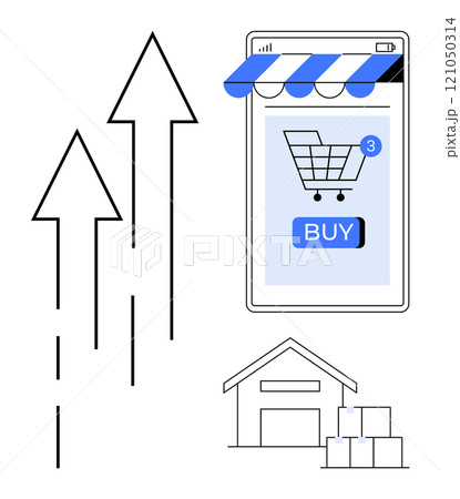 Mobile phone with online shopping app and three shopping cart notifications, warehouse building with stacked boxes, and upward arrows indicating growth. Ideal for e-commerce, mobile shopping, online Mobile phone with online shopping app and three shopping cart notifications, warehouse building with stacked boxes, and upward arrows indicating growth. Ideal for e-commerce, mobile shopping, online 121050314