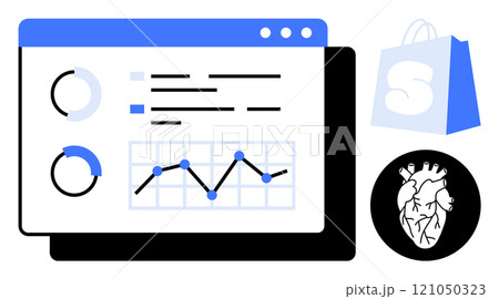 Data dashboard with bar charts and line graphs. Shopping bag and heart icons illustrated. Ideal for online sales, e-commerce analytics, health metrics, digital marketing, data tracking. Modern flat 121050323