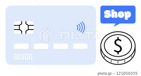 Credit card with contactless payment symbol and coin near a shop icon. Ideal for digital payments, online shopping, e-commerce, financial transactions, and contactless technology. Clean, minimalist 121050335