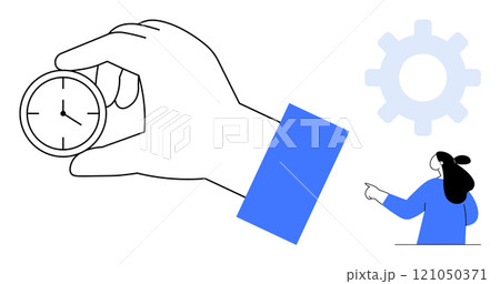 Hand holding a small clock right side with a person in blue outfit pointing at a, gear First Ideal for themes productivity time management efficiency planning organization Minimalist vector style 121050371
