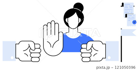 Central figure of a woman raising hand for stop signal with fists on either side juxtaposed with contractual documents Ideal for conflict resolution, mediation, agreement, negotiation, and legal Central figure of a woman raising hand for stop signal with fists on either side juxtaposed with contractual documents Ideal for conflict resolution, mediation, agreement, negotiation, and legal 121050396