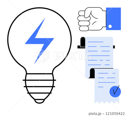 Light bulb with lightning bolt, a hand gesture indicating strength by a fist, and a document with a checkmark. Ideal for energy efficiency, electricity, power, contracts, modern design. Colored in 121050422