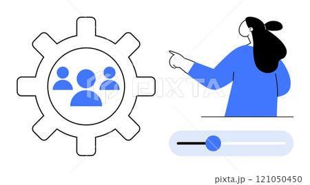 An abstract depiction of a woman pointing towards a gear with team icons, alongside a slider. Ideal for teamwork, project management, workflow optimization, productivity, and digital collaboration 121050450