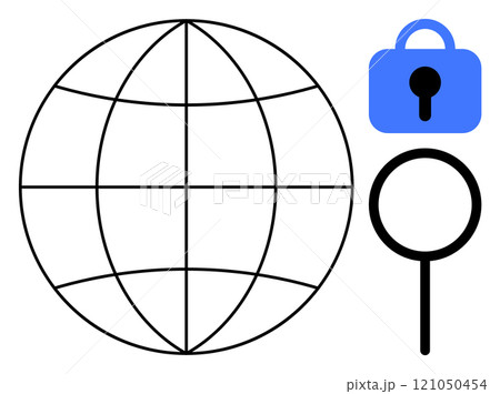 Globe, lock, and magnifying glass symbols. Ideal for internet security, global search, privacy protection, online safety, cybersecurity. Simple vector design with emphasis on global internet themes Globe, lock, and magnifying glass symbols. Ideal for internet security, global search, privacy protection, online safety, cybersecurity. Simple vector design with emphasis on global internet themes 121050454