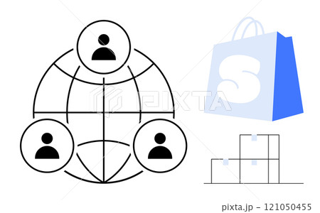 Three icons include a person-network globe, a shopping bag, and stacked boxes. Ideal for ecommerce platforms, online shopping, logistics and supply chain, global trade. Simple, modern, minimal style 121050455