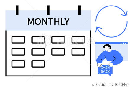 A calendar labeled Monthly, a recurring cycle symbol, and a person receiving cash back. Ideal for financial management, budgeting, savings, loyalty programs, and rewards systems. Flat design style 121050465
