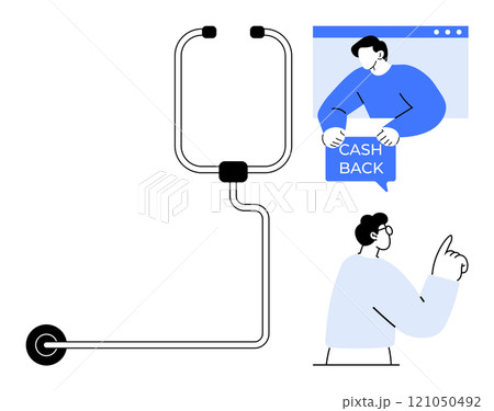 Stethoscope and two people. One person holding cashback sign on website, another pointing finger. Ideal for cashback offers, online shopping, financial rewards, e-commerce, and healthcare promotion Stethoscope and two people. One person holding cashback sign on website, another pointing finger. Ideal for cashback offers, online shopping, financial rewards, e-commerce, and healthcare promotion 121050492