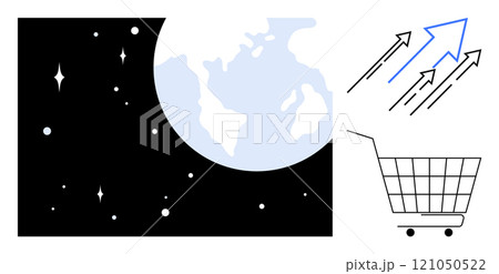 Large globe adjacent to shopping cart and upward-pointing arrows. Ideal for global trade, e-commerce growth, market expansion, online shopping, and international business themes. Simple flat vector 121050522