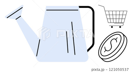 Watering can symbol with a shopping cart and coin representing investment, online shopping, and growth. Ideal for themes of financial growth, e-commerce, investment, shopping, and economic 121050537