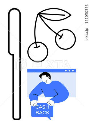 Simplistic line art of cherries and an online cashback offer. Ideal for digital marketing, e-commerce, promotions, financial savings, and customer rewards. Minimalist vector style Simplistic line art of cherries and an online cashback offer. Ideal for digital marketing, e-commerce, promotions, financial savings, and customer rewards. Minimalist vector style 121050538