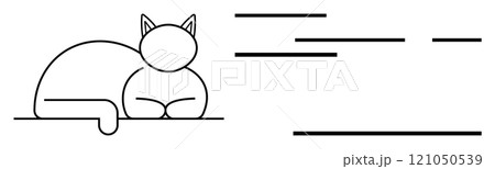 Clean line drawing of a cat lying down with visible ears and tail. Horizontal lines are positioned to the right. Ideal for minimalistic design, pet themes, relaxation, simplicity, and clean 121050539