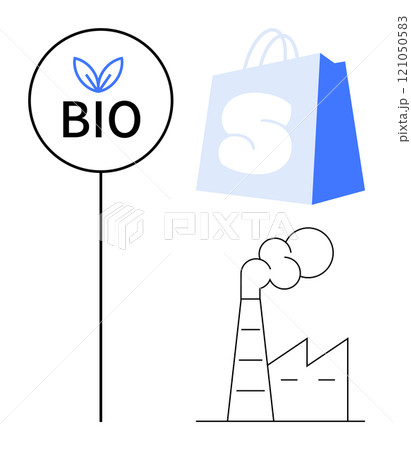 Bio sign with leaf icon above text and a shopping bag with S symbol. Includes a factory chimney emitting smoke. Ideal for organic products, shopping, industrialization, factory pollution Bio sign with leaf icon above text and a shopping bag with S symbol. Includes a factory chimney emitting smoke. Ideal for organic products, shopping, industrialization, factory pollution 121050583