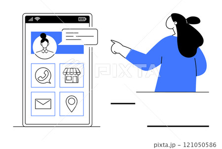 A woman pointing at a smartphone interface featuring app icons such as phone, store, email, and location. Ideal for technology themes, user experience, app design, communication tools, and digital 121050586