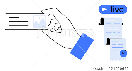 A hand holds an ID card. Next to it are a live video icon and a document with a checkmark. Ideal for identification, live streaming, documents, verification processes, and digital content. Simple 121050632