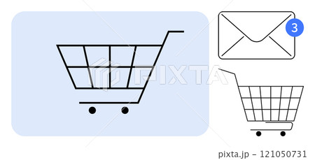 Simple shopping cart icon on blue background with an envelope indicating 3 new messages. Ideal for online shopping, e-commerce, notifications, digital marketing, and user interface design. Clean 121050731