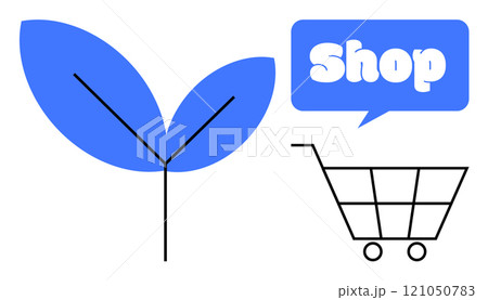 Blue leaf next to a black shopping cart with a blue speech bubble containing the word Shop in white letters. Ideal for promoting eco-friendly shopping sustainability retail market environmental Blue leaf next to a black shopping cart with a blue speech bubble containing the word Shop in white letters. Ideal for promoting eco-friendly shopping sustainability retail market environmental 121050783