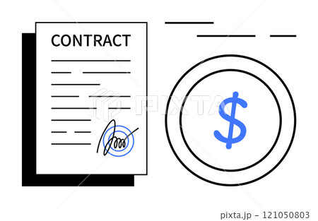 A contract document with a signature and a large blue dollar symbol representing financial transactions. Ideal for business agreements, legal documentation, financial services, contracts 121050803