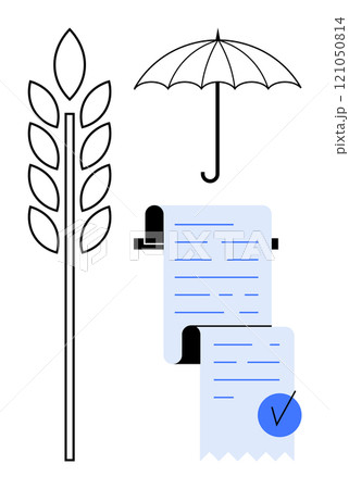 A stylized drawing with a wheat stalk, umbrella, and document highlights agricultural security. Ideal for farming policies, insurance, risk management, food production, sustainability. Modern, clean 121050814