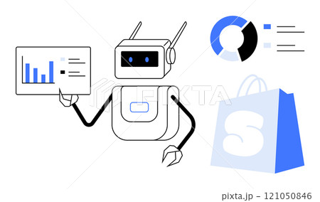 A robot holding a data screen provides analytics. Includes a pie chart and a shopping bag. Ideal for retail analytics, e-commerce, artificial intelligence, business insights, and technology A robot holding a data screen provides analytics. Includes a pie chart and a shopping bag. Ideal for retail analytics, e-commerce, artificial intelligence, business insights, and technology 121050846