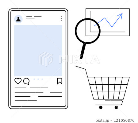 Mobile phone screen with user interface, magnifying glass with graph, and shopping cart. Ideal for digital marketing, ecommerce, social media engagement, data analysis, online business. Modern Mobile phone screen with user interface, magnifying glass with graph, and shopping cart. Ideal for digital marketing, ecommerce, social media engagement, data analysis, online business. Modern 121050876