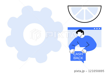Large gear symbol, person holding cashback sign, and a lemon wedge icon. Ideal for marketing, finance, e-commerce, customer rewards, and technology. Simple vector style, blue and white colours 121050895