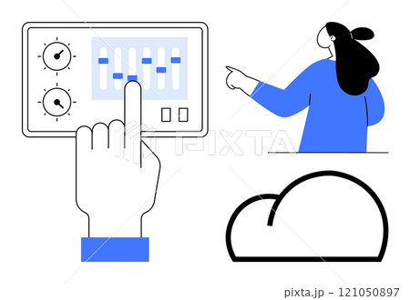 A hand adjusts a digital control panel while a woman points towards it and a cloud symbol sits below. Ideal for technology, control systems, cloud storage, user interfaces, digital interaction A hand adjusts a digital control panel while a woman points towards it and a cloud symbol sits below. Ideal for technology, control systems, cloud storage, user interfaces, digital interaction 121050897
