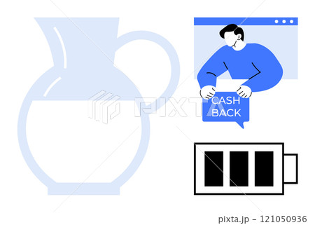 Person holds cashback sign in speech bubble while another jug is filled with liquid and a battery icon. Ideal for financial savings, online transactions, energy conservation, minimalistic design 121050936