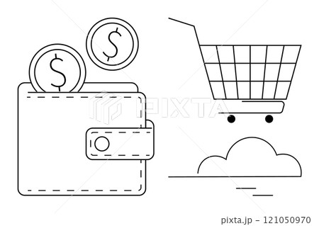 A wallet with two coins and a shopping cart, ideal for themes like e-commerce, online shopping, finance, budgeting, and saving. The minimalistic black and white style emphasizes simplicity A wallet with two coins and a shopping cart, ideal for themes like e-commerce, online shopping, finance, budgeting, and saving. The minimalistic black and white style emphasizes simplicity 121050970