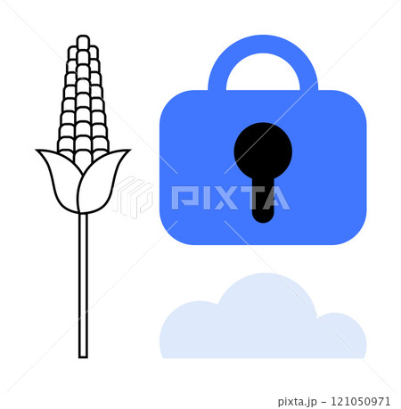 Corn ear, blue padlock, and a cloud. Ideal for digital security, agriculture, technology integration, data protection, and cloud storage in farming. Simple, modern, clean style 121050971