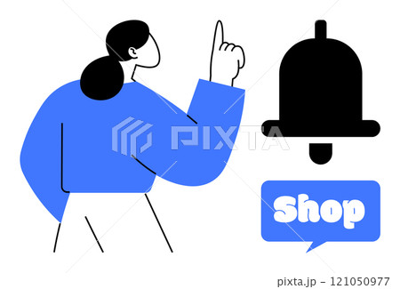Silhouette of a person pointing towards a large notification bell with a shop sign. Simple illustration in blue, black, and white. Ideal for notifications, e-commerce, shopping, digital marketing Silhouette of a person pointing towards a large notification bell with a shop sign. Simple illustration in blue, black, and white. Ideal for notifications, e-commerce, shopping, digital marketing 121050977